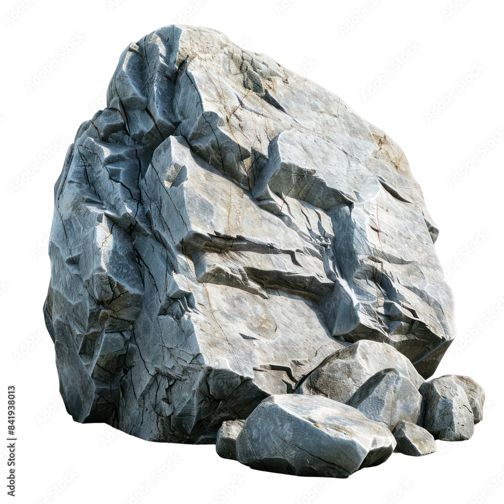 Poster close-up image of a large, rugged rock formation with smaller rocks surrounding it on a white backgr
