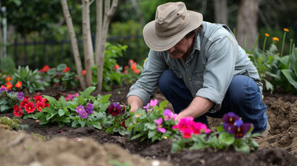 Gardener planting colorful flowers in a garden bed, wearing a hat and a shirt on a sunny day amid vibrant blooms and lush greenery.