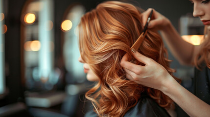 Obraz premium Professional hairstylist styling a woman's beautiful red hair in a modern salon with elegant decor and warm lighting.