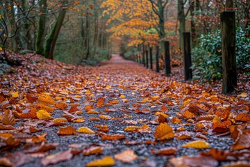 Vibrant autumn leaves in a woodland, ideal for seasonal themes. 