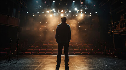 Silhouette of a performer standing on a stage with bright spotlights illuminating the scene and an empty audience in the background.