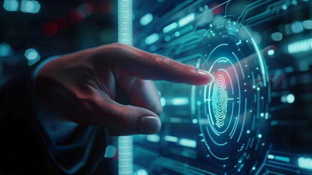 businessman scan fingerprint biometric identity and approval. concept of the future of security and password control through fingerprints in an immersive technology future and cybernetic, business