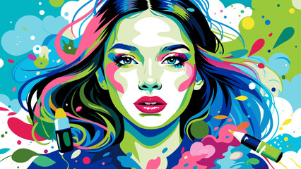 Colorful Pop Art Portrait of a Young Woman with Floral Elements