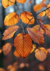 Vibrant autumn leaves in a woodland, ideal for seasonal themes. 