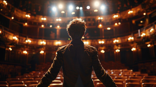 A lone actor stands proudly on stage in a grand theater, basking in the glow of the stage lights and gazing out at the empty seats.