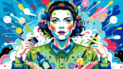 Vibrant Pop Art Portrait of a Woman Surrounded by Beauty Products