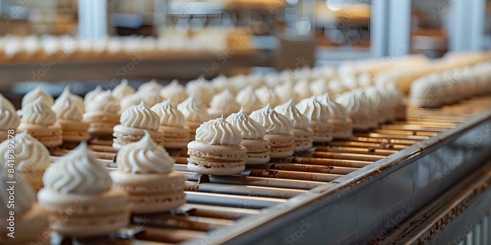 Poster efficiently streamlining bakery manufacturing with an automated macaron production line. concept bak