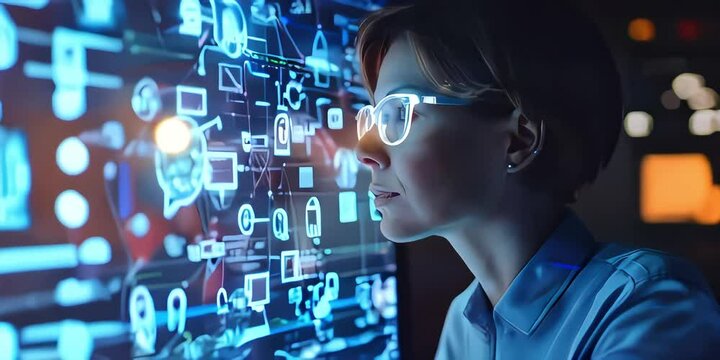 Female system administrator working on laptop performing various tasks to fix software bugs and glitches in IT company, holographic icons popping up in the air show innovation.