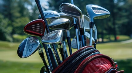 Detailed view of a set of professional golf clubs in a bag
