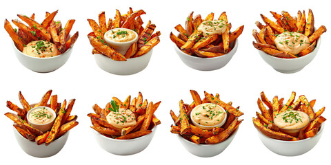 Set of Sweet Potato Fries With Spicy Mayo Dip isolated on transparent png background. Generative ai