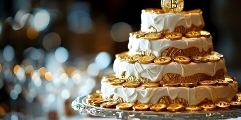 Bitcointhemed cake with edible gold accents symbolizing halving events and reduced mining rewards. Concept Bitcoin Cake, Edible Gold Accents, Halving Events, Mining Rewards, Cryptocurrency Theme