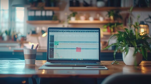 Focused image of a laptop screen displaying an advanced digital planner with holographic notes and reminders coffee cup beside