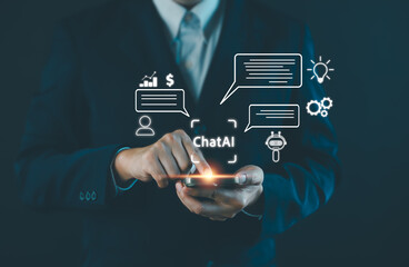 Artificial Intelligence technology concept, Businessman using AI tech application on smartphone by...