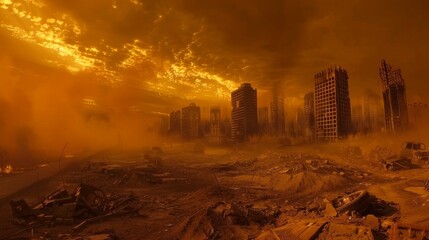 A desolate cityscape with a large cloud of smoke in the background. The sky is orange and the buildings are in ruins