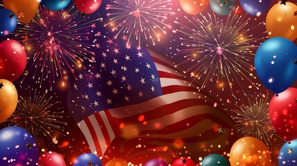 The American flag waves beneath a dazzling display of fireworks, surrounded by colorful balloons and a customizable banner space.