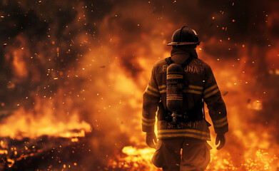 Fototapeta premium A firefighter in full gear standing amidst intense flames and smoke.