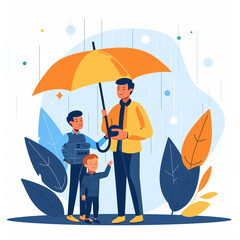 Father Protecting His Children From The Rain