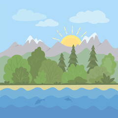 Obraz premium Landscape with mountains, lake and trees. Vector color illustration in flat style.