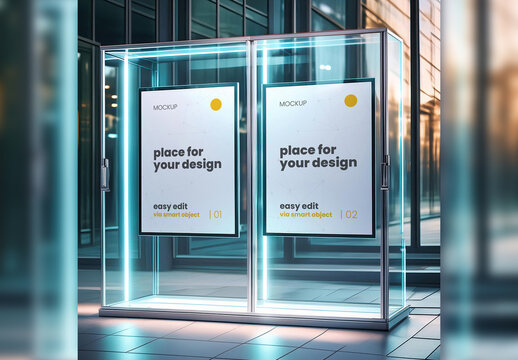 Two Poster Gallery Frame Mockup inside Glass Box Case 03 Generative Ai