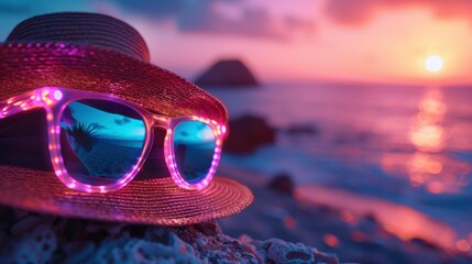 Focused image of an advanced beach view with glowing travel accessories like neon sunglasses and futuristic hat