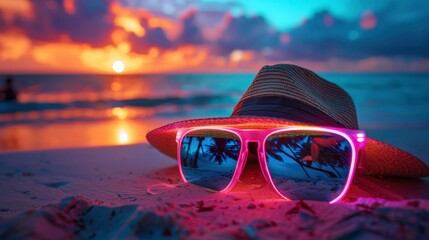 Focused image of an advanced beach view with glowing travel accessories like neon sunglasses and futuristic hat