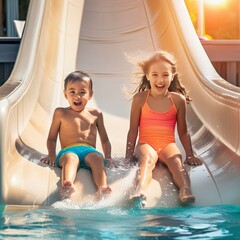 Fototapeta na wymiar Dzieci na zjeżdżalni wodnej. Wakacyjna wycieczka do parku wodnego