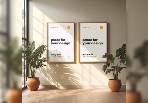 Two Poster Gallery Frame Mockup with Plants 02 Generative Ai