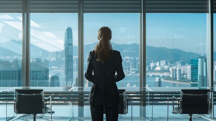 Fototapeta premium Professional woman in a sleek black suit conducting a meeting in a modern office with large windows and city view.