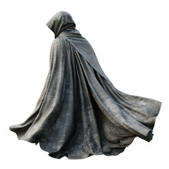 Naklejka premium Mysterious hooded figure cloaked in dark fabric, appearing enigmatic and solitary against a neutral background.