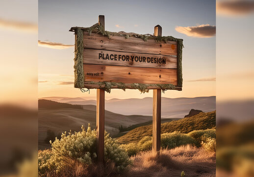Wooden Sign Billboard on the Field Mockup 03 Generative Ai