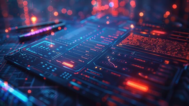 Focused image of an advanced weekly planner showing a detailed schedule with glowing notes and futuristic icons