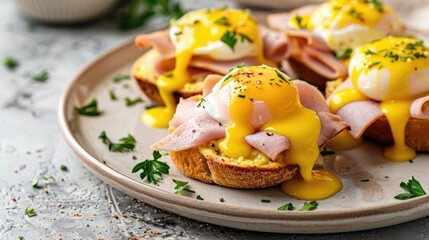 Toasted muffins topped with ham poached eggs and hollandaise sauce