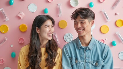Fototapeta premium A happy couple smiles and looks at each other, standing in front of a pink wall decorated with colorful decorations
