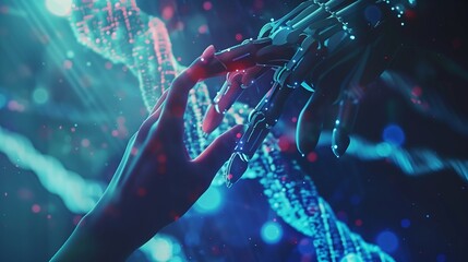 Hands of robot and human touching on DNA connecting in virtual interface on future, Science and innovation, Artificial intelligence technology concept.