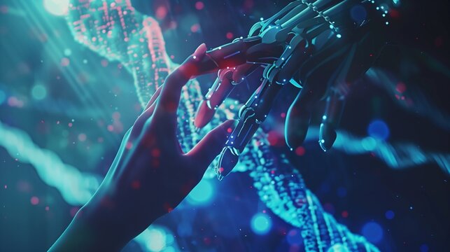 Hands of robot and human touching on DNA connecting in virtual interface on future, Science and innovation, Artificial intelligence technology concept.