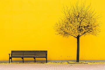 a bench and tree in front of a yellow wall