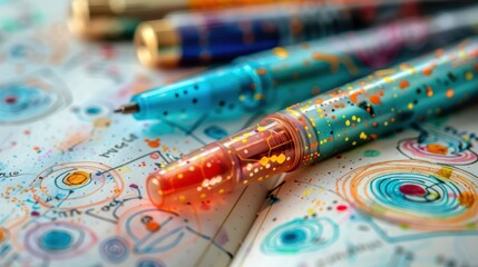 Close-up of a futuristic bullet journal with intricate holographic doodles and colorful bullet points pens lying around
