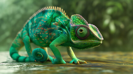 Obraz premium A vibrant green chameleon with intricate patterns on a matching green background.