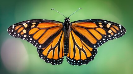 Fototapeta premium Monarch butterfly against a green backdrop
