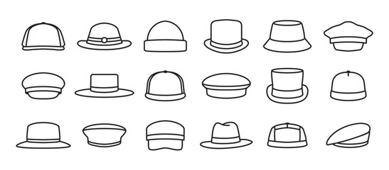 Simple set of Hat icons, includes fedora hat icon, captain, men's bowler, baseball cap, sun visor, beret, cowboy, bucket, summer hat. Icons set of hats vector illustration on transparent background.  © sugarstock
