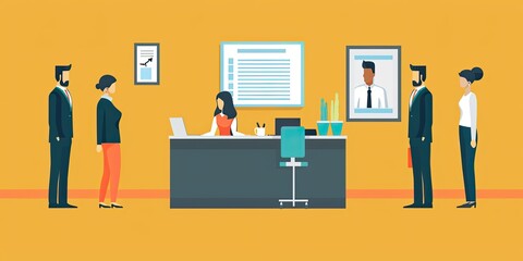 Recruitment process illustration, flat design, front view, office theme, animation, Complementary Color Scheme