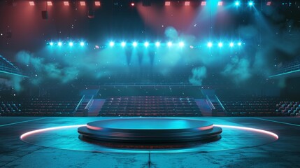 Futuristic Arena with Empty Stage and Dynamic Lighting, Generative AI