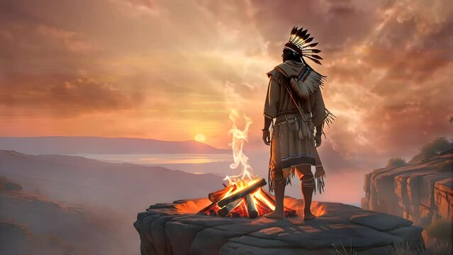 Indian warrior with bonfire in the mountains. 