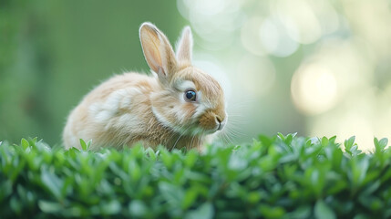 A fluffy rabbit sits in a garden, surrounded by greenery, with its ears perked up and a curious expression, creating a serene and adorable scene.