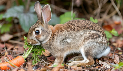 Fototapeta premium A cute rabbit munching on a carrot green in a natural garden setting.