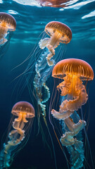 Obraz premium glowing sea jellyfishes on dark background, glowing sea jellyfishes in clean blue water, jelly fish, water, blue water, ai generated