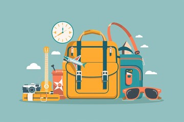 Flat design illustration of travel essentials, featuring backpacks, sunglasses, camera, clock, and airplane model on a blue background.