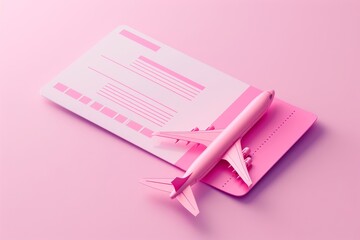 Naklejka premium Pink airplane model on a pink boarding pass, representing travel and aviation on a pastel background.