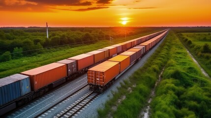 Obraz premium Aerial view of a freight train. Rail freight transportation as one of the most important engines of trade and economy