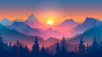 Stunning landscape of mountains at sunrise with colorful sky gradient, silhouettes of trees in the foreground, and birds flying.